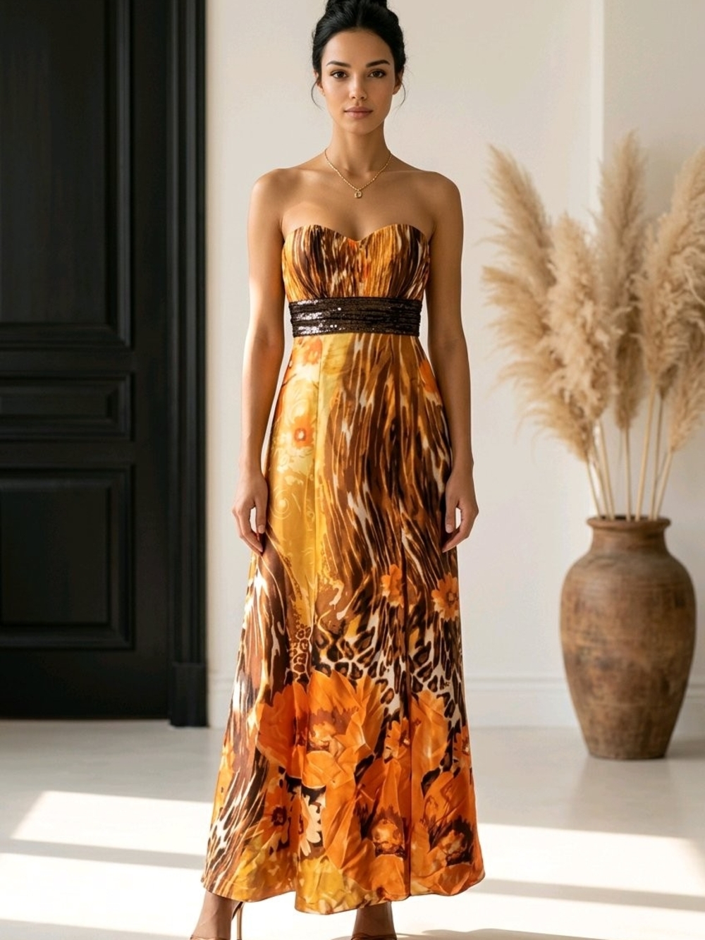Strapless Floral-Print Maxi Dress in Orange and Brown with Sequin Waistband